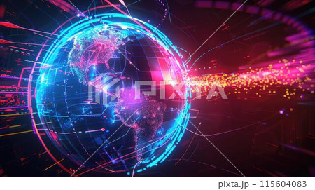 A colorful globe with many lines and dots surrounding it, Abstract global networking communication A colorful globe with many lines and dots surrounding it, Abstract global networking communication 115604083