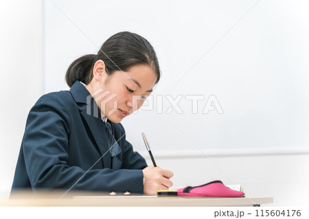 塾・学校の教室で勉強する小学生・中学生・高校生の女の子 塾・学校の教室で勉強する小学生・中学生・高校生の女の子 115604176