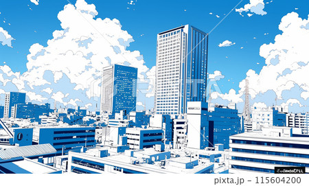 都市の町並みと夏の青空