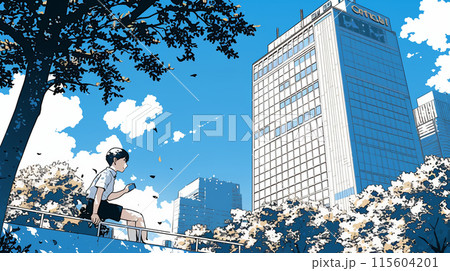 都市の町並みと夏の青空