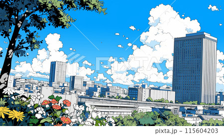 都市の町並みと夏の青空