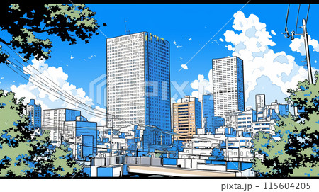 都市の町並みと夏の青空 115604205