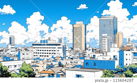 都市の町並みと夏の青空