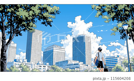 都市の町並みと夏の青空