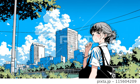 都市の町並みと夏の青空