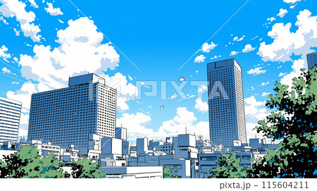 都市の町並みと夏の青空
