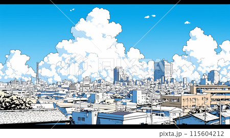 都市の町並みと夏の青空