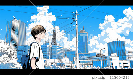 都市の町並みと夏の青空