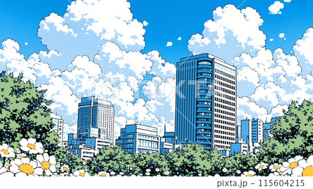 都市の町並みと夏の青空