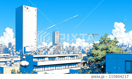 都市の町並みと夏の青空