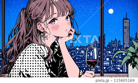 ワインを飲んでいる若い女性：