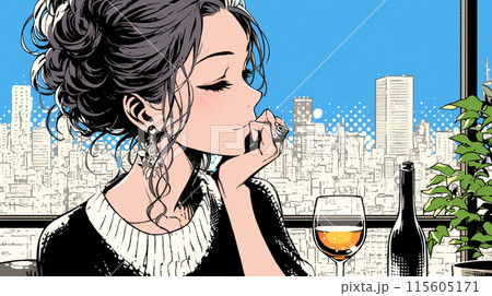 ワインを飲んでいる若い女性：