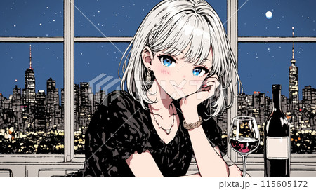 ワインを飲んでいる若い女性：