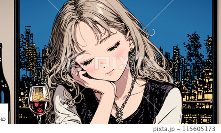 ワインを飲んでいる若い女性：