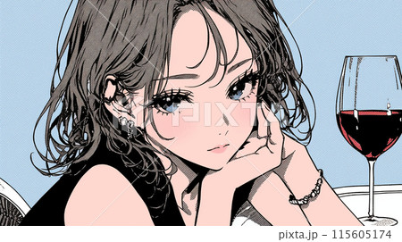 ワインを飲んでいる若い女性：