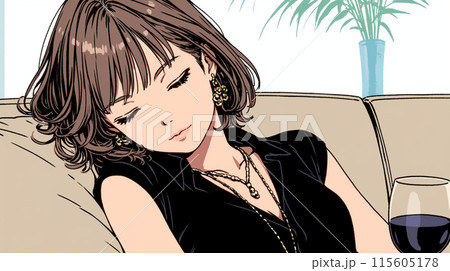 ワインを飲見過ぎて寝てしまった若い女性：