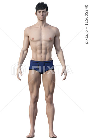 体脂肪率8% 痩せたアスリート体型 細マッチョな男性のイラスト 日本人3Dモデルの全身正面 体脂肪率8% 痩せたアスリート体型 細マッチョな男性のイラスト 日本人3Dモデルの全身正面 115605240