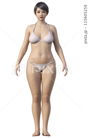体脂肪率35% ややぽっちゃり気味の女性のイラスト 日本人3Dモデルの全身正面 体脂肪率35% ややぽっちゃり気味の女性のイラスト 日本人3Dモデルの全身正面 115605258