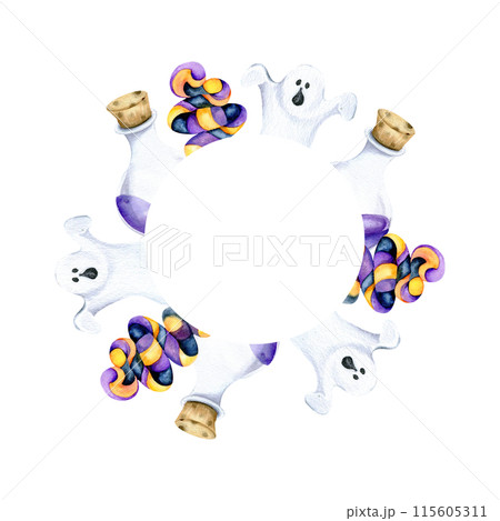 Halloween round frame with magic glass violet liquid, white gost, candies watercolor illustration. Hand drawn or treat composition, scary template, happy halloween cartoon card for invitation, packing 115605311