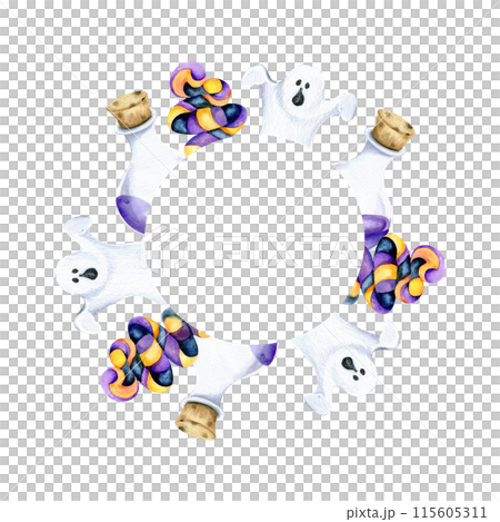 Halloween round frame with magic glass violet liquid, white gost, candies watercolor illustration. Hand drawn or treat composition, scary template, happy halloween cartoon card for invitation, packing 115605311