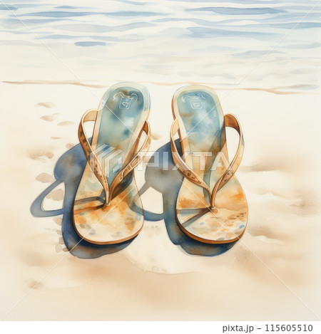 Вeach flip-flops on the sand. Watercolor illustration. AI-generated content 115605510