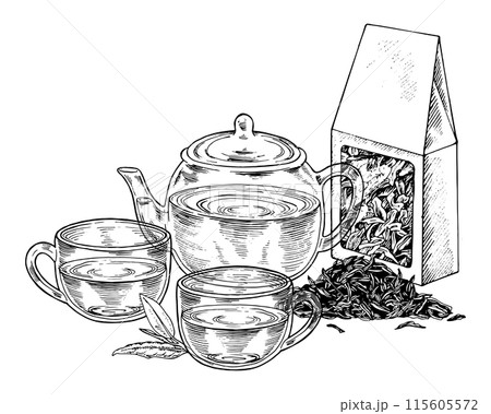 Tea cups and pot. Vector hand-drawn illustration. Glass mug with a pack of dry leaves sketch drawing. Black and white vintage art. Editable backgrounds. For kitchen prints and restaurant menus 115605572