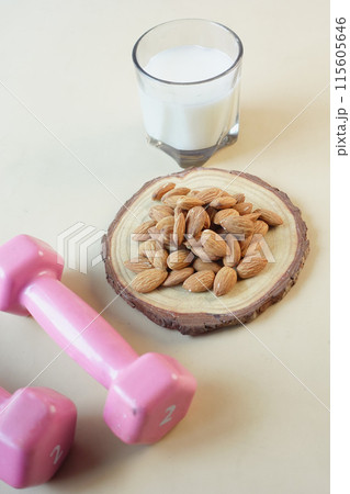 almond nut and milk on table almond nut and milk on table 115605646