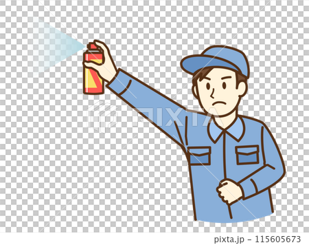 スプレーを吹き付ける作業服を着た男性 115605673