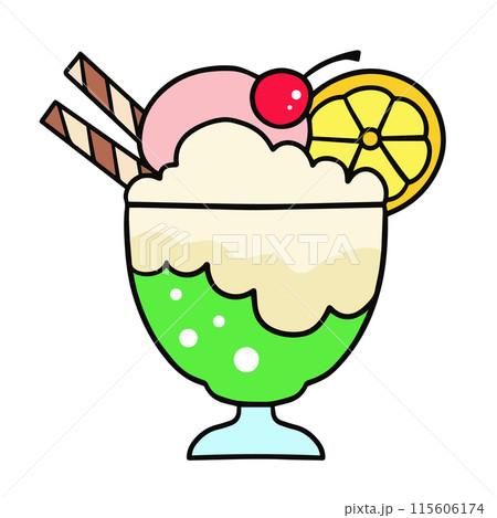 昭和レトロなクリームソーダパフェ 線画イラストのイラスト素材