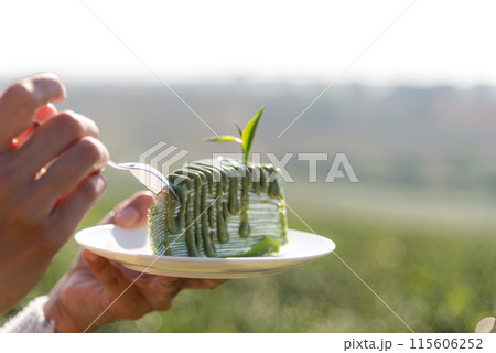 Close Up hand and cake lifestyle women eating tea cake  115606252