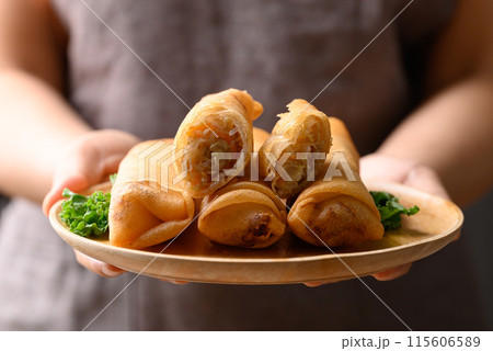 Asian deep fried spring roll filling with cabbage, carrot and glass noodles 115606589