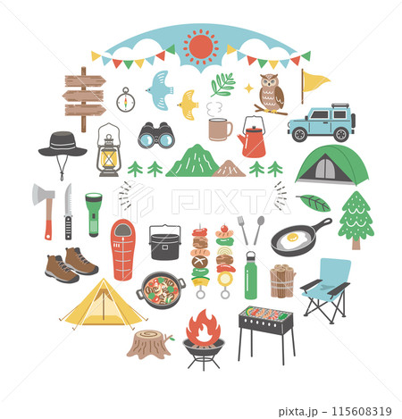 アウトドアとキャンプのアイコンセット アウトドアとキャンプのアイコンセット 115608319