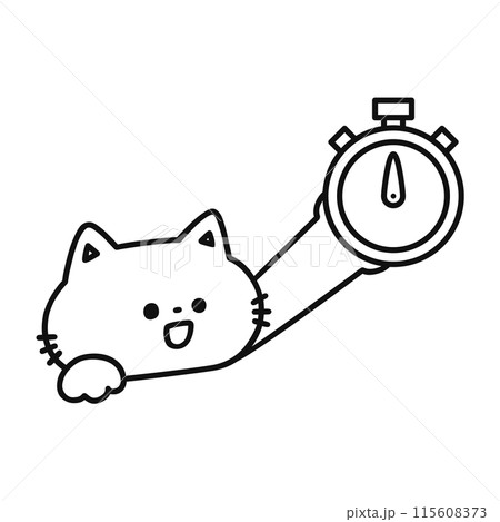タイマーを持ったかわいい猫・線画 115608373