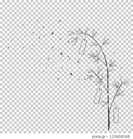 風に揺れる短冊と笹の葉　七夕イラスト　モノクロ線画 115608588