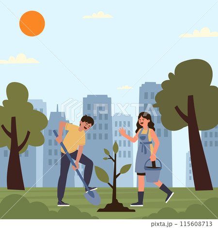 A man and woman are planting a tree in a city park on a sunny day. A man and woman are planting a tree in a city park on a sunny day. 115608713