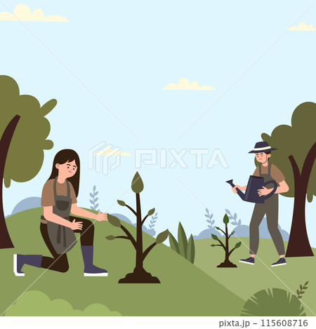 Two gardeners are working in a field. One woman is kneeling and tending to a young tree, while a man with a hat waters another tree with a watering can.  115608716