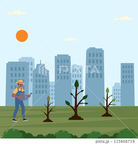 An urban gardener wearing a hat and overalls is watering newly planted trees in a city park. An urban gardener wearing a hat and overalls is watering newly planted trees in a city park. 115608719