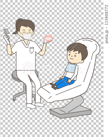 一位女牙醫教男孩如何用牙齒模型和牙刷刷牙。 115608772