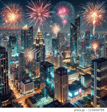 空から見た夜の都会の花火 115608789