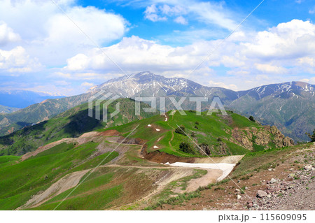 Beautiful landscape in Chimgan mountains, Tashkent region. Aerial view of idyllic mountain scenery in Western Tien Shan Mountains near Charvak Lake, Uzbekistan Beautiful landscape in Chimgan mountains, Tashkent region. Aerial view of idyllic mountain scenery in Western Tien Shan Mountains near Charvak Lake, Uzbekistan 115609095