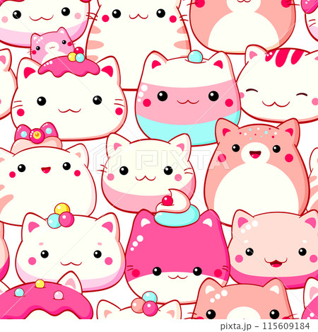 Seamless pattern with traditional Chinese cat-shaped mantou buns. Cute print in kawaii style. Endless texture can be used for textile pattern fills, t-shirt design, web page background. Vector EPS8 115609184