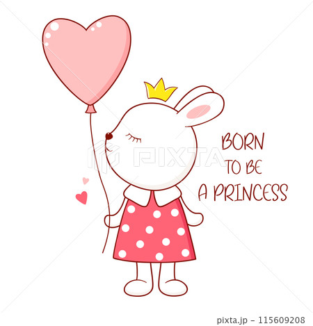 Born to be a princess. Cute baby shower invitation card for baby and kids new born celebration. Baby shower card with cartoon bunny with and heart-shaped balloon. Vector illustrations EPS8 115609208