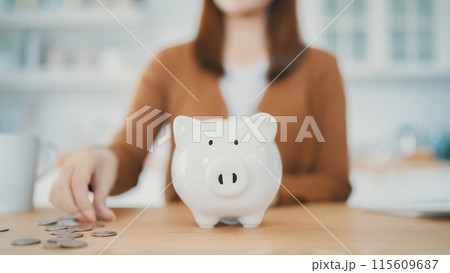 Young Asian woman putting coin in piggy bank. Save money and financial investment Young Asian woman putting coin in piggy bank. Save money and financial investment 115609687