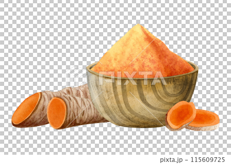 Ground Turmeric curcuma powder in wooden bowl with raw roots and slices watercolor illustration isolated on white. Cut orange vegetable herb, natural ingredient for cooking and curry spice Ground Turmeric curcuma powder in wooden bowl with raw roots and slices watercolor illustration isolated on white. Cut orange vegetable herb, natural ingredient for cooking and curry spice 115609725