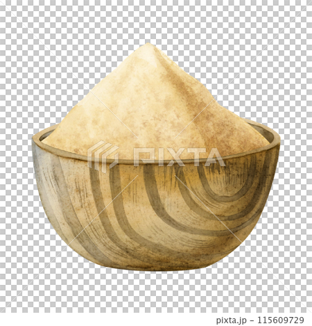 Ground ginger powder in wooden bowl watercolor illustration isolated on white background. Pile of dry spice for cooking, seasoning food and herbal dishes 115609729