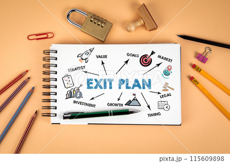 EXIT PLAN. Notepad and office supplies on a light background EXIT PLAN. Notepad and office supplies on a light background 115609898