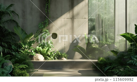 Concrete walls and green plants abstract background. Generative AI 115609992