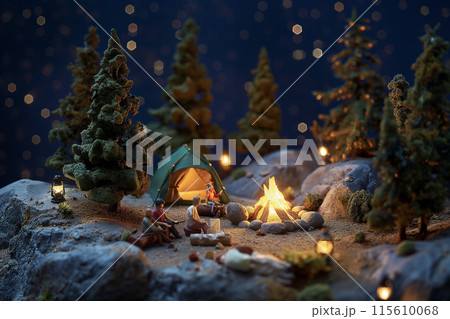 ミニチュアキャンプシーン：夜の山と焚き火のひととき 115610068