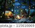 ミニチュアキャンプシーン：夜の山と焚き火のひととき 115610069