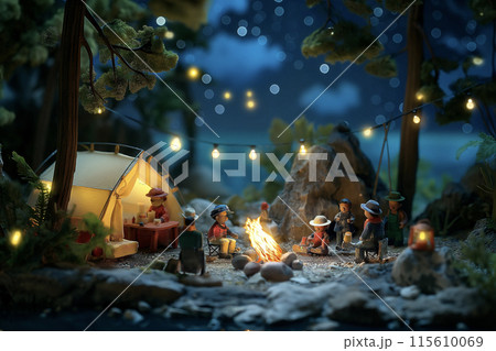 ミニチュアキャンプシーン：夜の山と焚き火のひととき 115610069